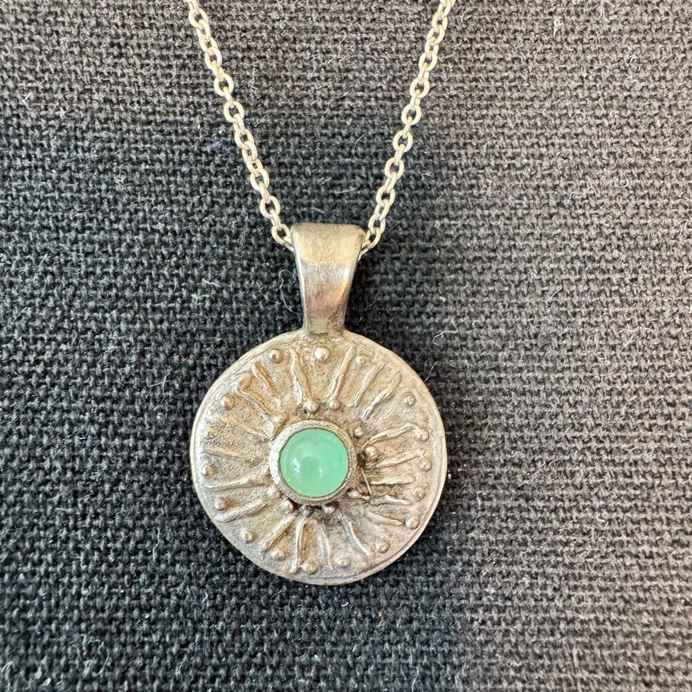 Silver Shield Pendant Necklace with Chrysoprase Stone - Picture 2 of 4